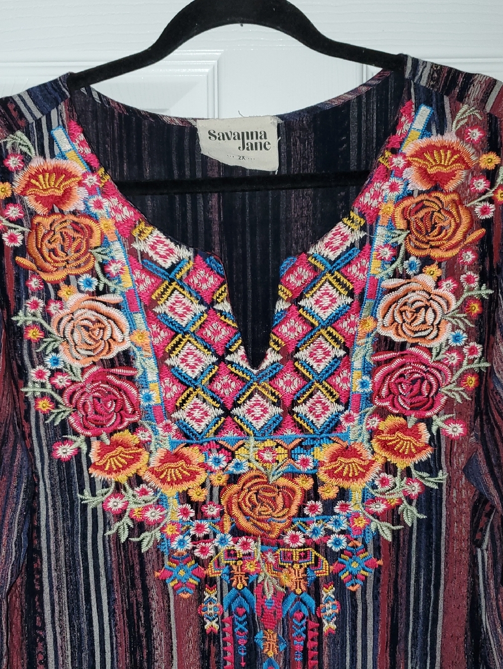Savanna Jane Striped Boho Tunic with Colorful Floral Embroidery Size 2X - Picture 4 of 8